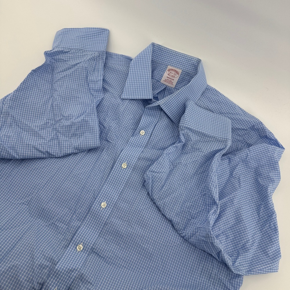 Brooks Brothers Madison Blue Gingham Non Iron Supima Cotton Dress Shirt 16.5‎ 34